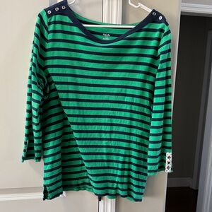 Rafaella Green & Navy Striped Boatneck Top with Shoulder Buttons